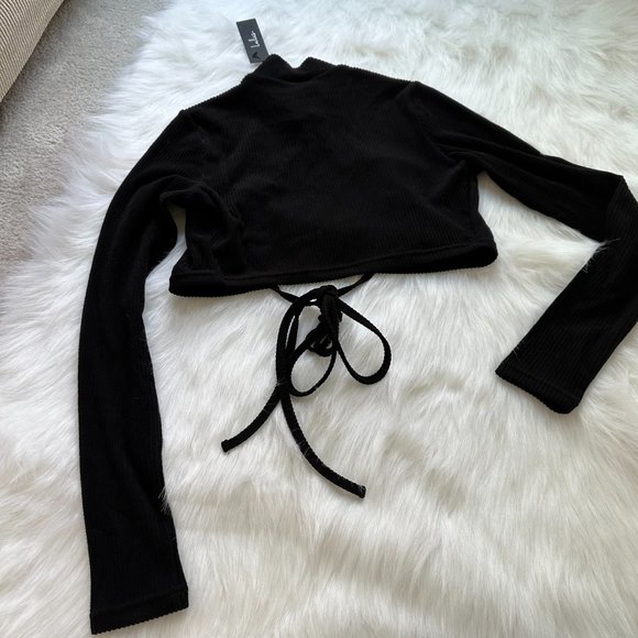 Lulus Shrug Topper Cropped Black Ribbed Turtleneck Open Tie Front SMALL NWT - Picture 6 of 8